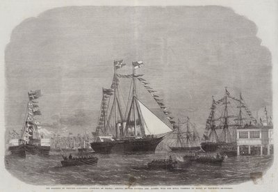 El progreso de la princesa Alexandra (princesa de Gales), llegada del Victoria y Albert, con su alteza real a bordo, en Gravesend de Edwin Weedon